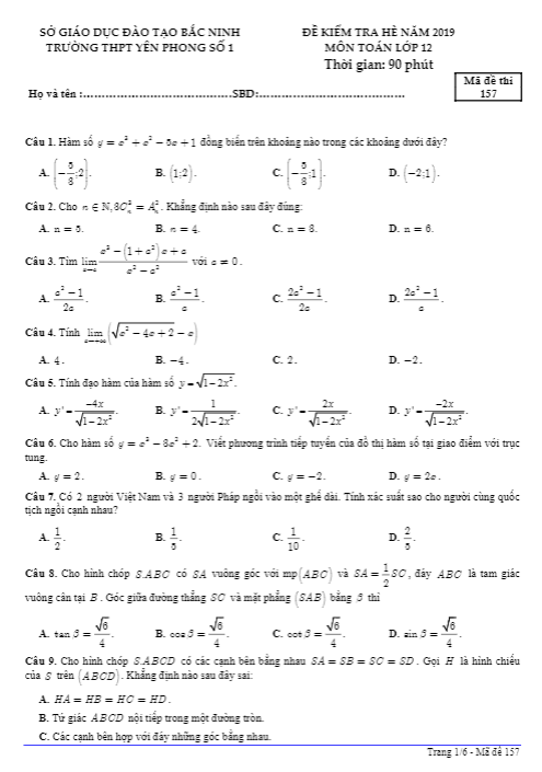 Đề kiểm tra lớp 12 môn Toán ôn tập hè 2019 trường Yên Phong 1 – Bắc Ninh