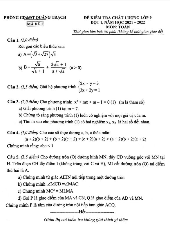 Đề kiểm tra lớp 9 môn Toán đợt 1 năm 2021 2022 phòng GD ĐT Quảng Trạch Quảng Bình