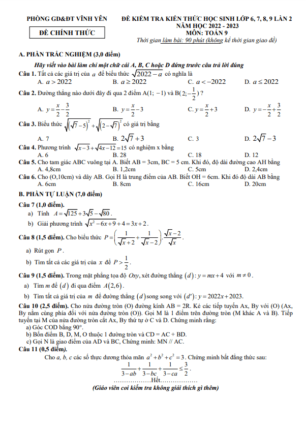 Đề kiểm tra lớp 9 môn Toán lần 2 năm 2022 2023 phòng GD ĐT Vĩnh Yên Vĩnh Phúc