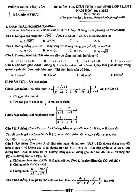Đề kiểm tra lớp 9 môn Toán lần 3 năm 2021 2022 phòng GD ĐT Vĩnh Yên Vĩnh Phúc