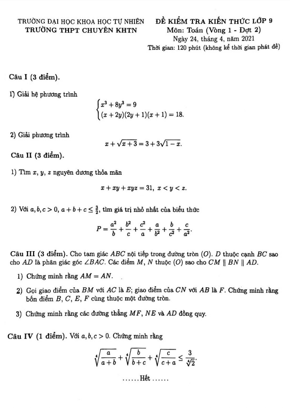 Đề kiểm tra lớp 9 môn Toán năm 2020 2021 trường chuyên KHTN Hà Nội (Vòng 1 Đợt 2)
