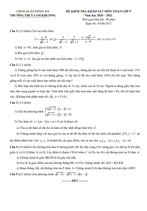 Đề kiểm tra lớp 9 môn Toán năm 2020 2021 trường THCS Tam Khương Hà Nội