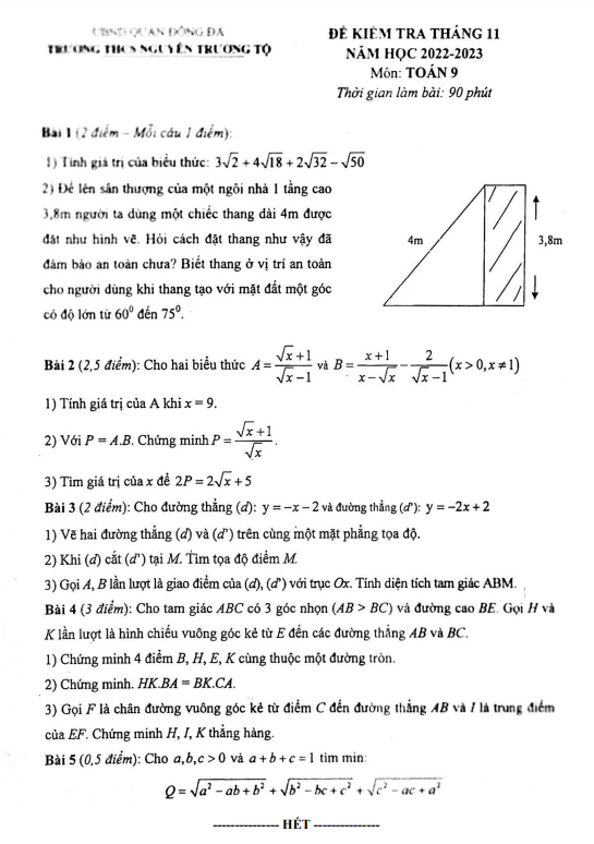 Đề kiểm tra lớp 9 môn Toán tháng 11 năm 2022 trường THCS Nguyễn Trường Tộ Hà Nội