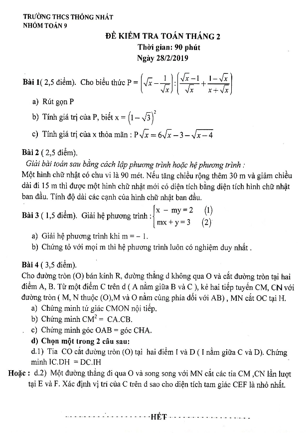 Đề kiểm tra lớp 9 môn Toán tháng 2/2019 trường THCS Thống Nhất Hà Nội