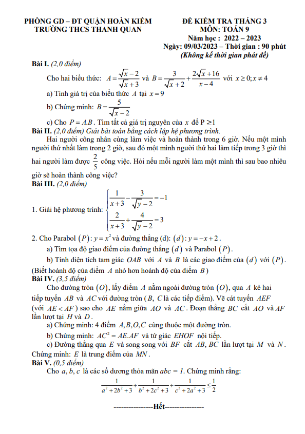 Đề kiểm tra lớp 9 môn Toán tháng 3 năm 2023 trường THCS Thanh Quan Hà Nội