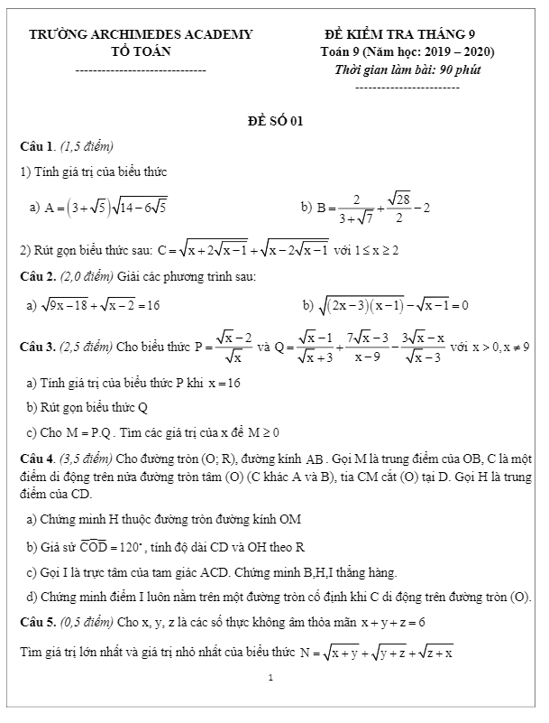 Đề kiểm tra lớp 9 môn Toán tháng 9 năm 2019 2020 trường Archimedes Academy Hà Nội
