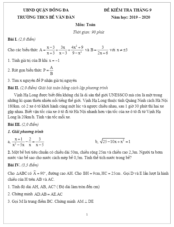 Đề kiểm tra lớp 9 môn Toán tháng 9 năm 2019 2020 trường THCS Bế Văn Đàn Hà Nội