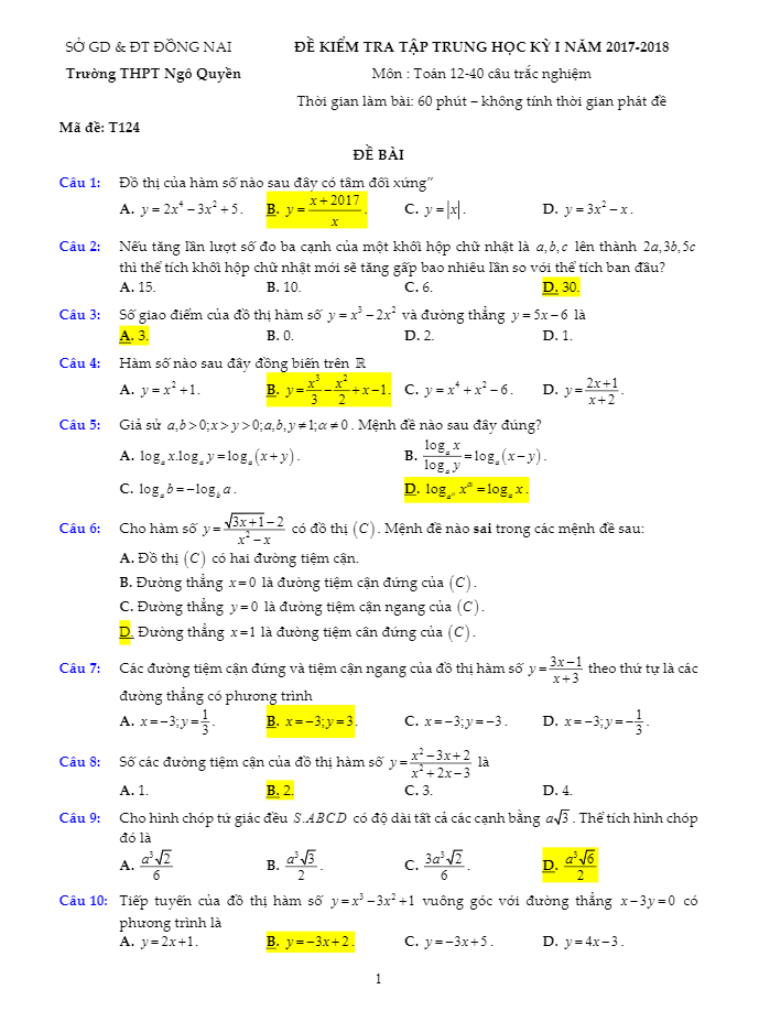 Đề kiểm tra tập trung HKI năm học 2017 2018 lớp 12 môn Toán trường THPT Ngô Quyền Đồng Nai