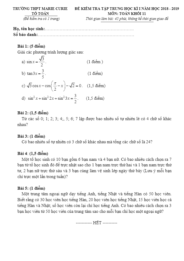 Đề kiểm tra tập trung học kì 1 (HK1) lớp 11 môn Toán năm 2018 2019 trường Marie Curie TP. HCM