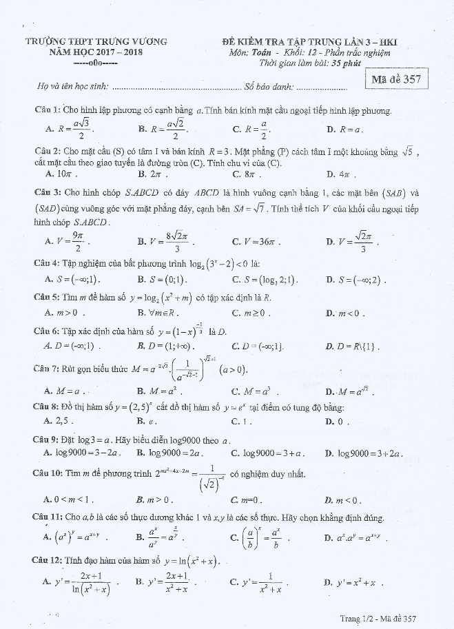 Đề kiểm tra tập trung lần 3 học kì 1 (HK1) lớp 12 môn Toán năm 2017 2018 trường Trưng Vương TP. HCM