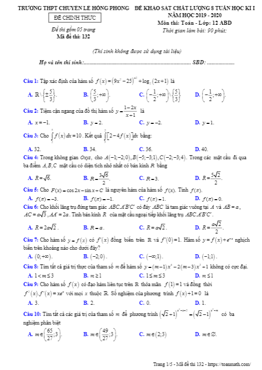 Đề KSCL 8 tuần học kì 1 (HK1) lớp 12 môn Toán năm 2019 2020 trường chuyên Lê Hồng Phong Nam Định