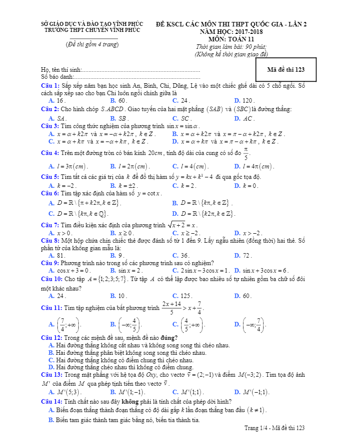 Đề KSCL các môn thi THPT Quốc gia lần 2 năm 2017 2018 lớp 11 môn Toán trường chuyên Vĩnh Phúc