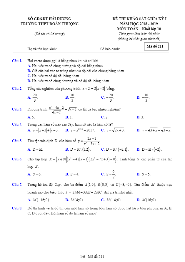 Đề KSCL cuối học kì 1 (HK1) lớp 10 môn Toán năm học 2018 2019 trường THPT Đoàn Thượng Hải Dương