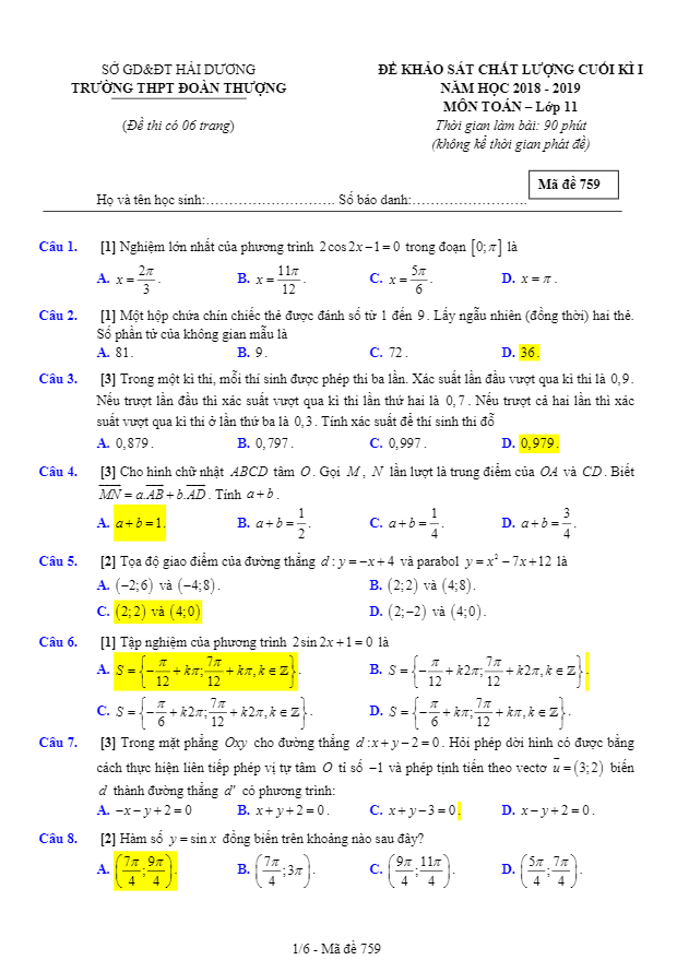 Đề KSCL cuối học kì 1 (HK1) lớp 11 môn Toán năm học 2018 2019 trường THPT Đoàn Thượng Hải Dương