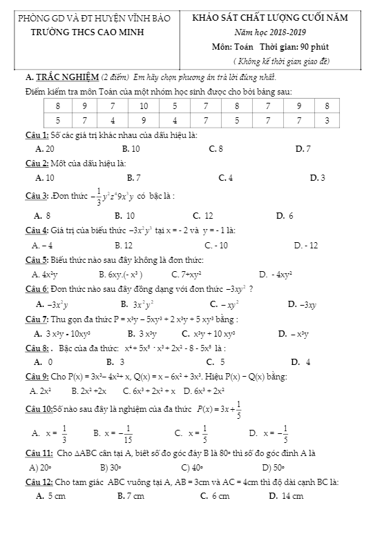 Đề KSCL cuối năm lớp 7 môn Toán năm 2018 2019 trường THCS Cao Minh Hải Phòng
