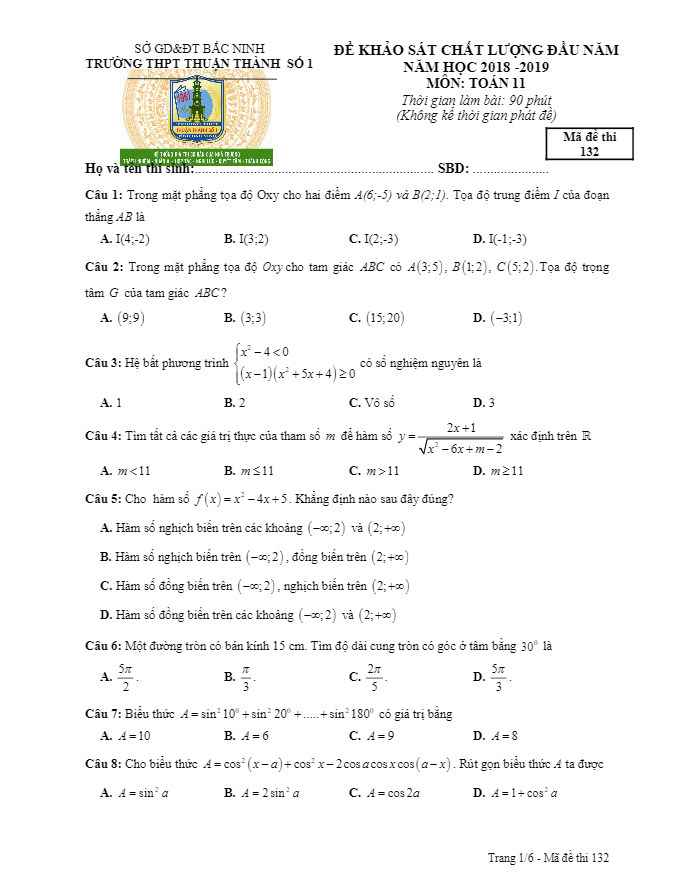 Đề KSCL đầu năm 2018 2019 lớp 11 môn Toán trường THPT Thuận Thành 1 Bắc Ninh