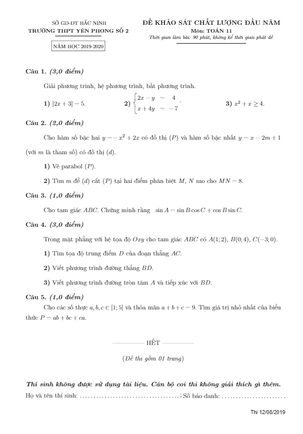 Đề KSCL đầu năm lớp 11 môn Toán năm 2019 2020 trường Yên Phong 2 Bắc Ninh
