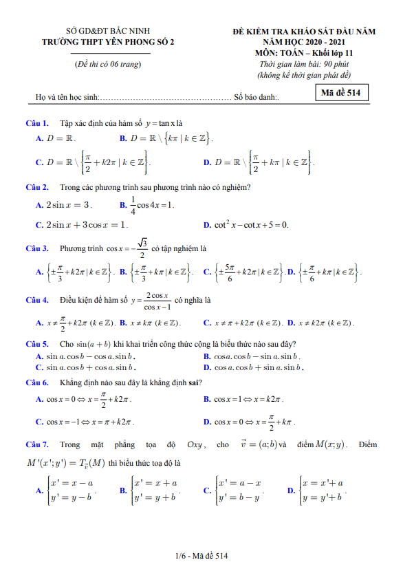 Đề KSCL đầu năm lớp 11 môn Toán năm 2020 2021 trường Yên Phong 2 Bắc Ninh