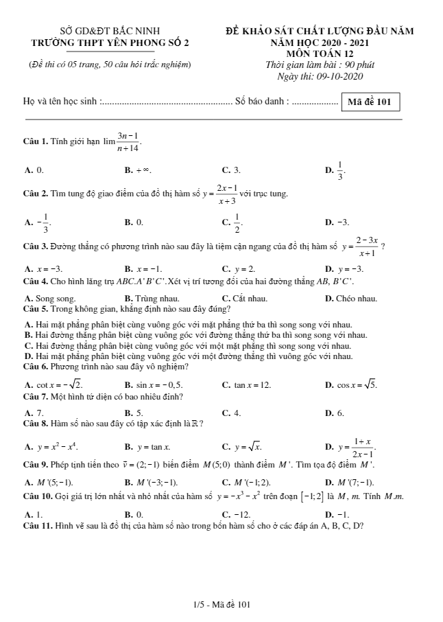 Đề KSCL đầu năm lớp 12 môn Toán năm 2020 2021 trường Yên Phong 2 Bắc Ninh