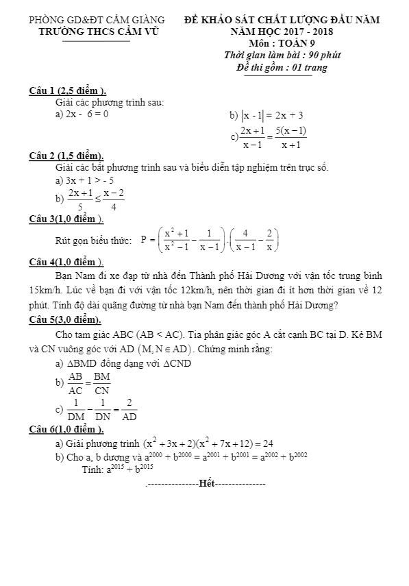Đề KSCL đầu năm năm học 2017 2018 lớp 9 môn Toán trường THCS Cẩm Vũ Hải Dương
