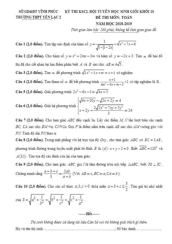 Đề KSCL đội tuyển HSG lớp 10 môn Toán năm 2018 2019 trường Yên Lạc 2 Vĩnh Phúc