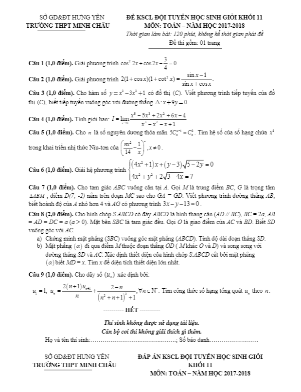 Đề KSCL đội tuyển HSG lớp 11 môn Toán năm 2017 2018 trường Minh Châu Hưng Yên