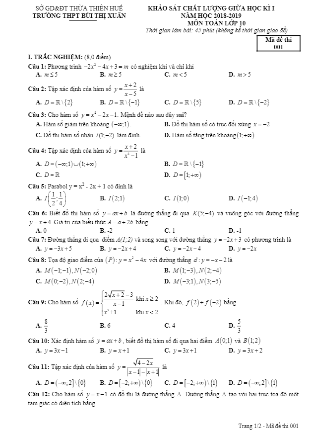 Đề KSCL giữa học kì 1 (HK1) lớp 10 môn Toán năm 2018 2019 trường THPT Bùi Thị Xuân TT. Huế