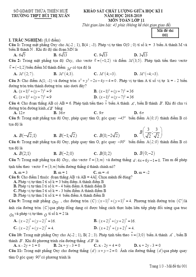Đề KSCL giữa học kì 1 (HK1) lớp 11 môn Toán năm 2018 2019 trường THPT Bùi Thị Xuân TT. Huế