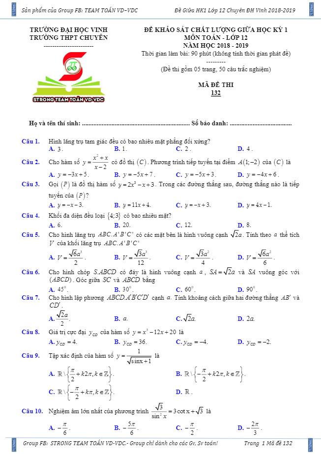 Đề KSCL giữa học kì 1 (HK1) lớp 12 môn Toán năm 2018 2019 trường THPT chuyên Đại học Vinh Nghệ An