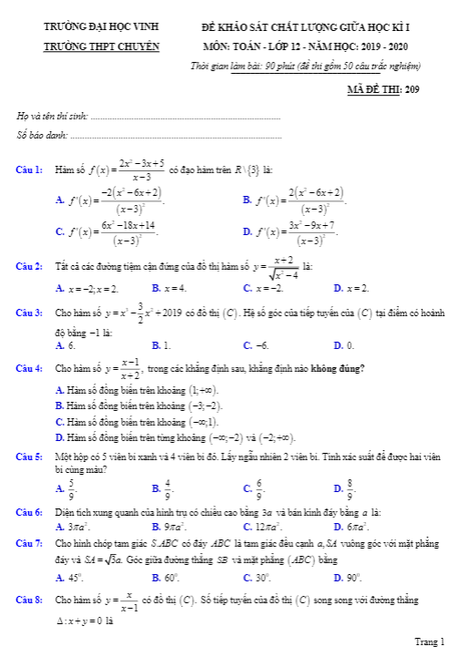 Đề KSCL giữa học kì 1 (HK1) lớp 12 môn Toán năm 2019 2020 trường chuyên ĐH Vinh Nghệ An