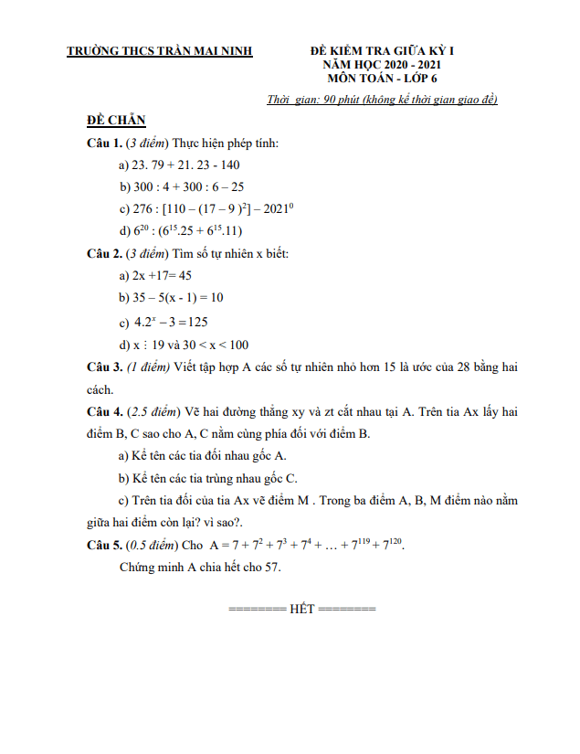 Đề KSCL giữa học kì 1 (HK1) lớp 6 môn Toán năm 2020 2021 trường THCS Trần Mai Ninh Thanh Hóa