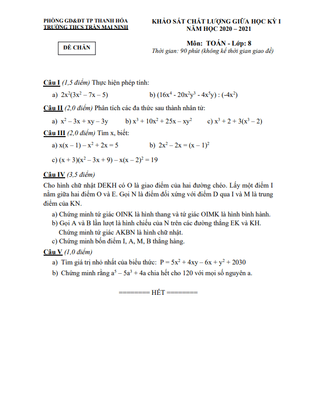 Đề KSCL giữa học kì 1 (HK1) lớp 8 môn Toán năm 2020 2021 trường THCS Trần Mai Ninh Thanh Hóa