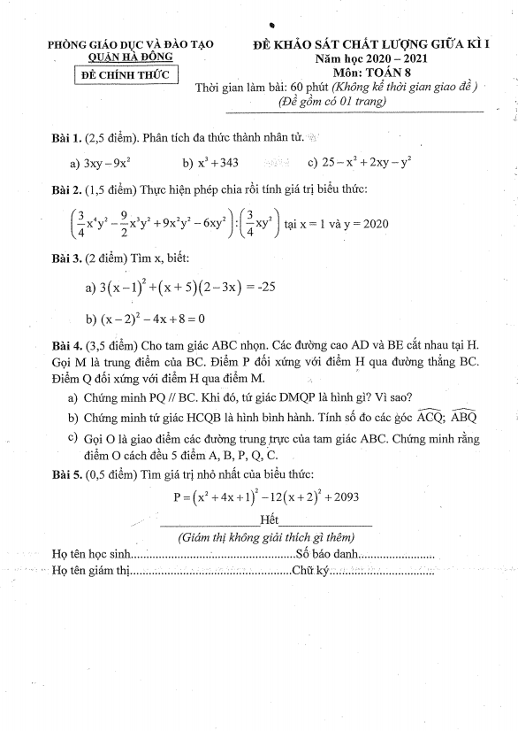 Đề KSCL giữa học kì 1 (HK1) lớp 8 môn Toán năm 2020 – 2021 phòng GD ĐT Hà Đông – Hà Nội