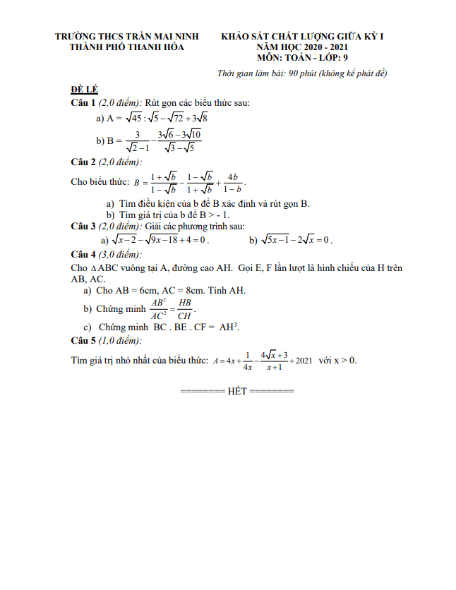 Đề KSCL giữa học kì 1 (HK1) lớp 9 môn Toán năm 2020 2021 trường THCS Trần Mai Ninh Thanh Hóa