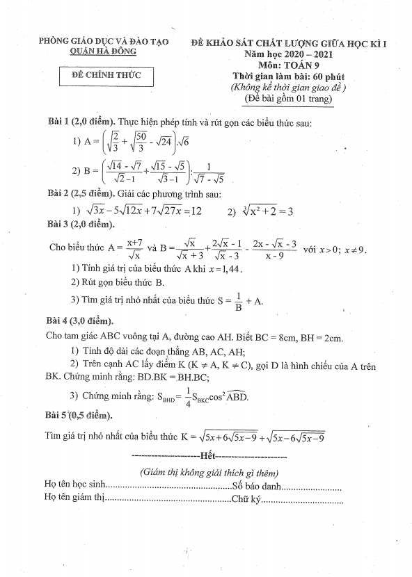 Đề KSCL giữa học kì 1 (HK1) lớp 9 môn Toán năm 2020 – 2021 phòng GD ĐT Hà Đông – Hà Nội