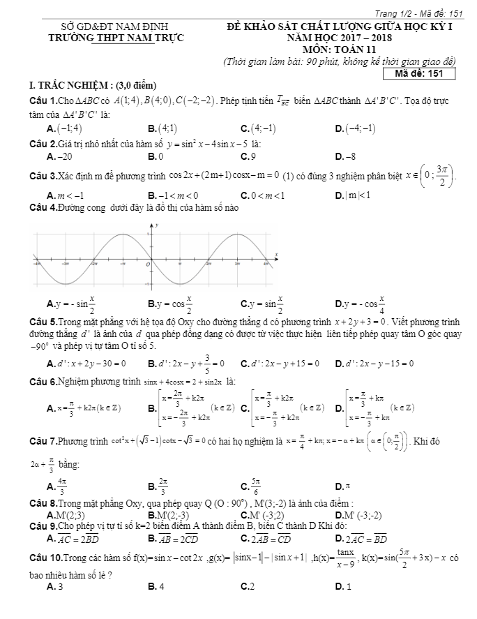 Đề KSCL giữa học kì 1 (HK1) năm học 2017 2018 lớp 11 môn Toán trường THPT Nam Trực Nam Định