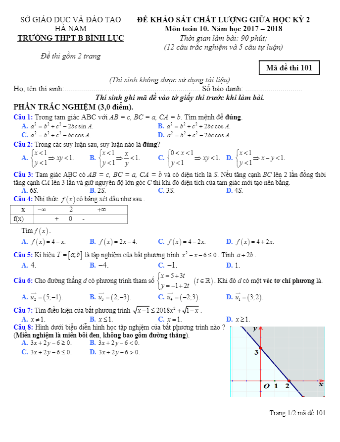 Đề KSCL giữa học kì 2 (HK2) lớp 10 môn Toán năm 2017 2018 trường B Bình Lục Hà Nam