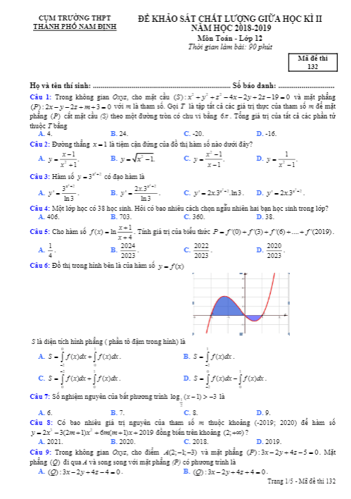 Đề KSCL giữa học kì 2 (HK2) lớp 12 môn Toán năm 2018 2019 cụm trường THPT TP Nam Định