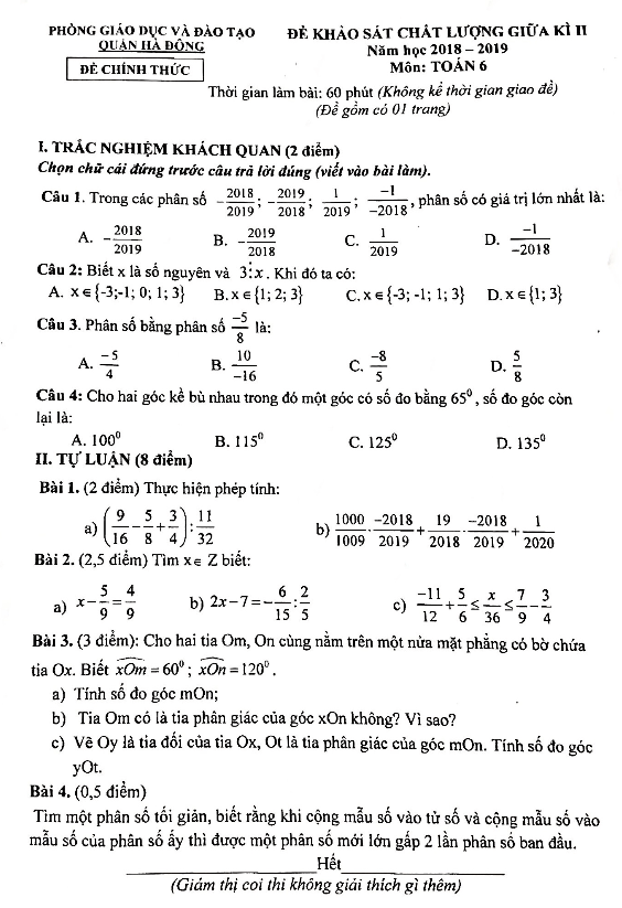 Đề KSCL giữa học kì 2 (HK2) lớp 6 môn Toán năm 2018 2019 phòng GD ĐT Hà Đông – Hà Nội