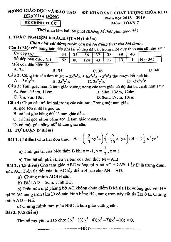 Đề KSCL giữa học kì 2 (HK2) lớp 7 môn Toán năm 2018 2019 phòng GD ĐT Hà Đông – Hà Nội