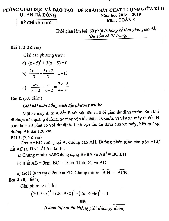 Đề KSCL giữa học kì 2 (HK2) lớp 8 môn Toán năm 2018 2019 phòng GD ĐT Hà Đông – Hà Nội