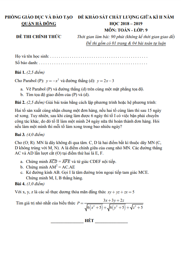 Đề KSCL giữa học kì 2 (HK2) lớp 9 môn Toán năm 2018 2019 phòng GD ĐT Hà Đông Hà Nội
