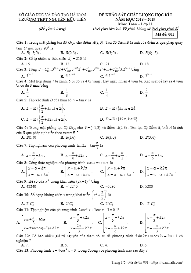 Đề KSCL học kì 1 (HK1) lớp 11 môn Toán năm 2018 2019 trường Nguyễn Hữu Tiến Hà Nam