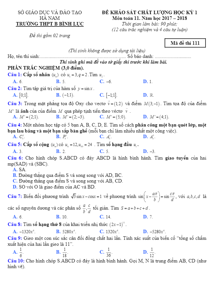 Đề KSCL học kì 1 (HK1) lớp 11 môn Toán năm học 2017 2018 trường THPT B Bình Lục Hà Nam