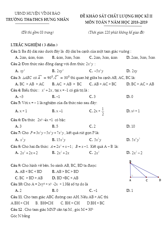 Đề KSCL học kì 2 (HK2) lớp 7 môn Toán năm 2018 2019 trường Hưng Nhân Hải Phòng