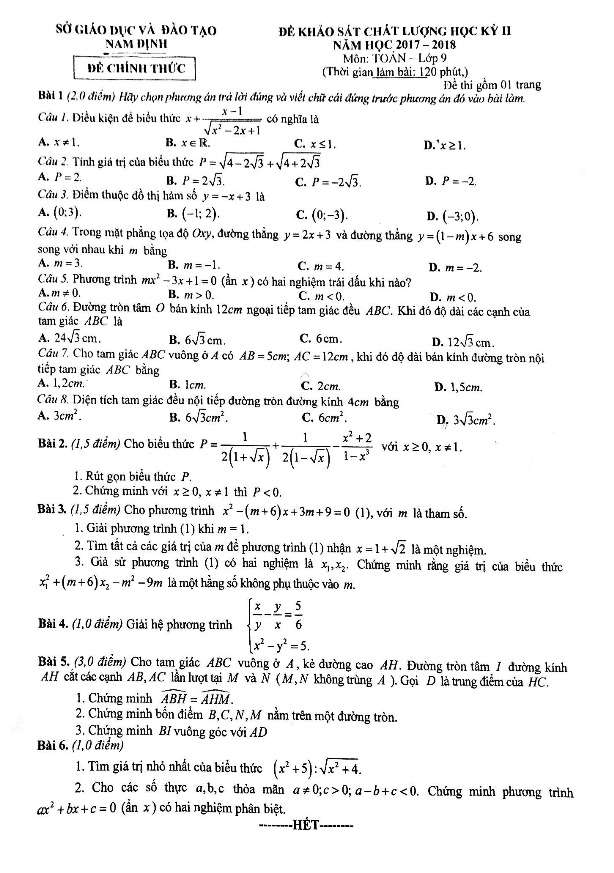Đề KSCL học kì 2 (HK2) lớp 9 môn Toán năm học 2017 2018 sở GD và ĐT Nam Định