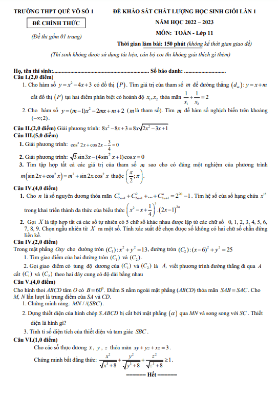 Đề KSCL học sinh giỏi lớp 11 môn Toán lần 1 năm 2022 2023 trường THPT Quế Võ 1 Bắc Ninh