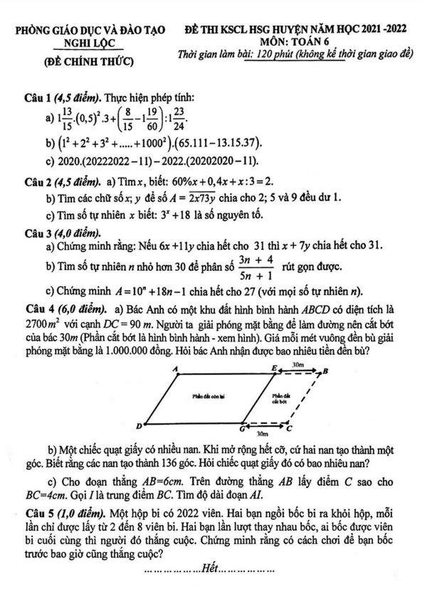 Đề KSCL HSG huyện lớp 6 môn Toán năm 2021 2022 phòng GD ĐT Nghi Lộc Nghệ An