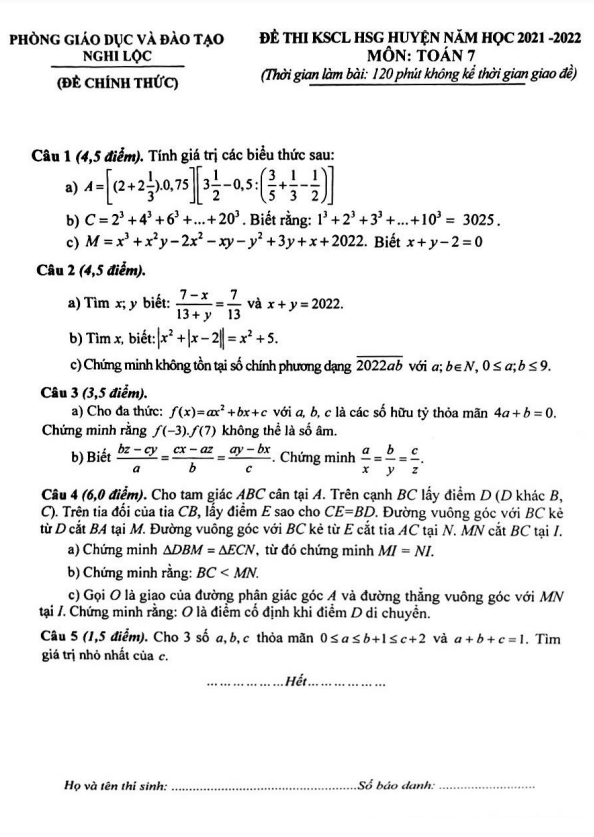 Đề KSCL HSG huyện lớp 7 môn Toán năm 2021 2022 phòng GD ĐT Nghi Lộc Nghệ An