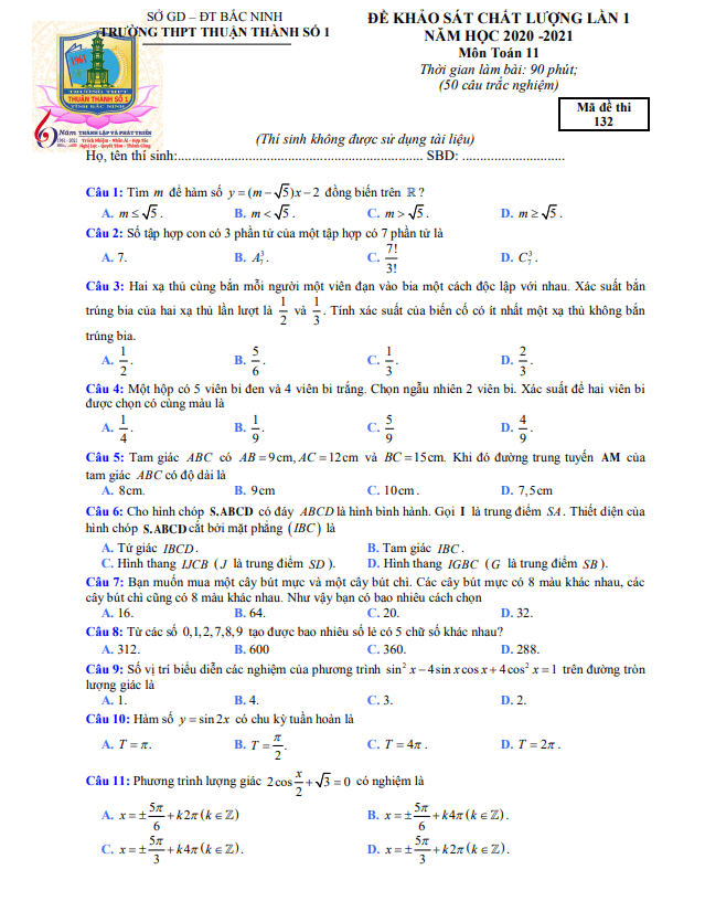 Đề KSCL lần 1 lớp 11 môn Toán năm 2020 2021 trường THPT Thuận Thành 1 Bắc Ninh